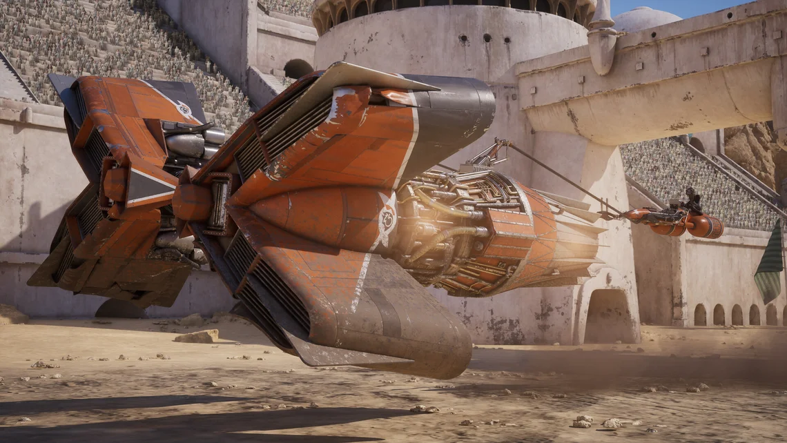 Star Wars Galactic Racer screenshot showing a futuristic podracer accelerating across a desert arena, highlighting the game's fast-paced arcade racing action.
