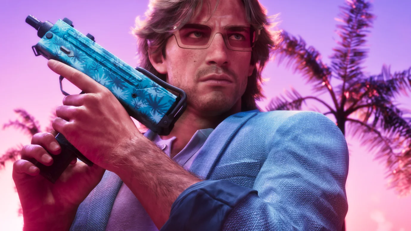 Grand Theft Auto 6 artwork featuring a male character holding a compact submachine gun, illustrating reports about a possible physical edition and ongoing GTA 6 launch rumours.