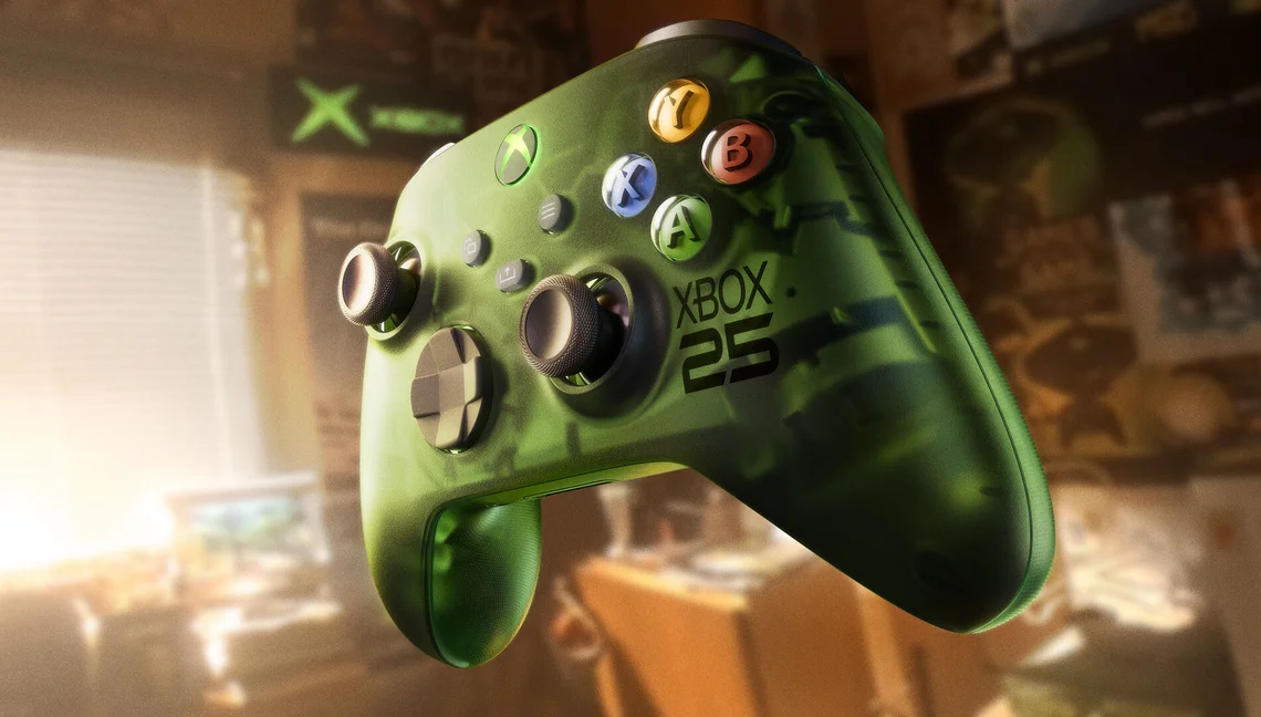 Limited edition translucent green Xbox 25 wireless controller celebrating Xbox's 25th anniversary, featuring a retro-inspired design with custom anniversary branding.