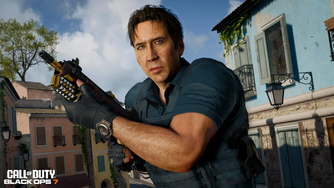 Nicolas Cage featured as a playable operator skin in Call of Duty Black Ops 7, holding a customised weapon in an urban combat environment.