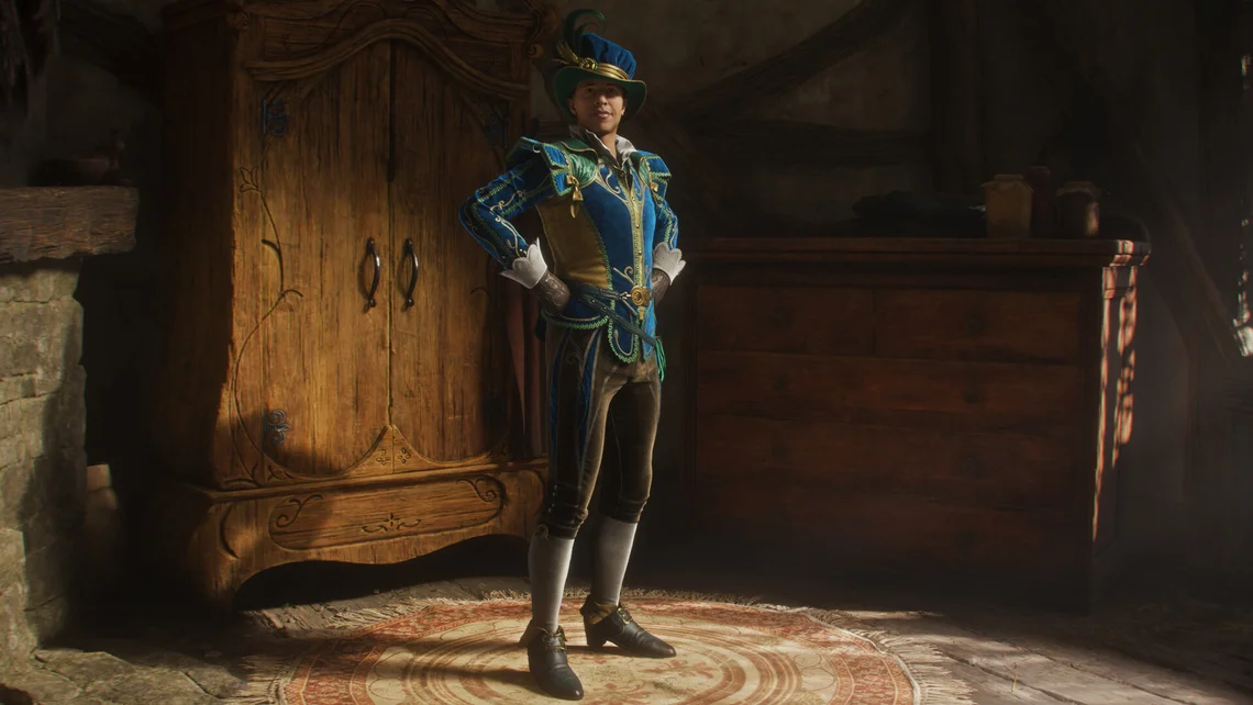 Character dressed in ornate fantasy clothing standing inside a rustic medieval room in the Fable reboot, highlighting the game's whimsical world and upcoming 2027 release.