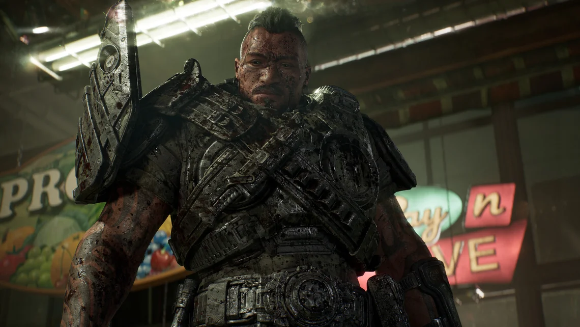 Heavily armoured Gears of War: E-Day soldier standing battle-worn in a ruined urban environment, showcasing the game's gritty next-generation visuals.