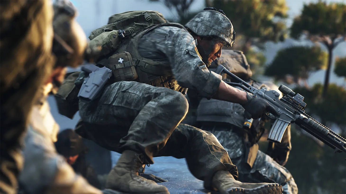 Soldier crouching during an intense combat scenario in Call of Duty Modern Warfare 4, showcasing the game's realistic military action, tactical gameplay, and grounded combat experience.