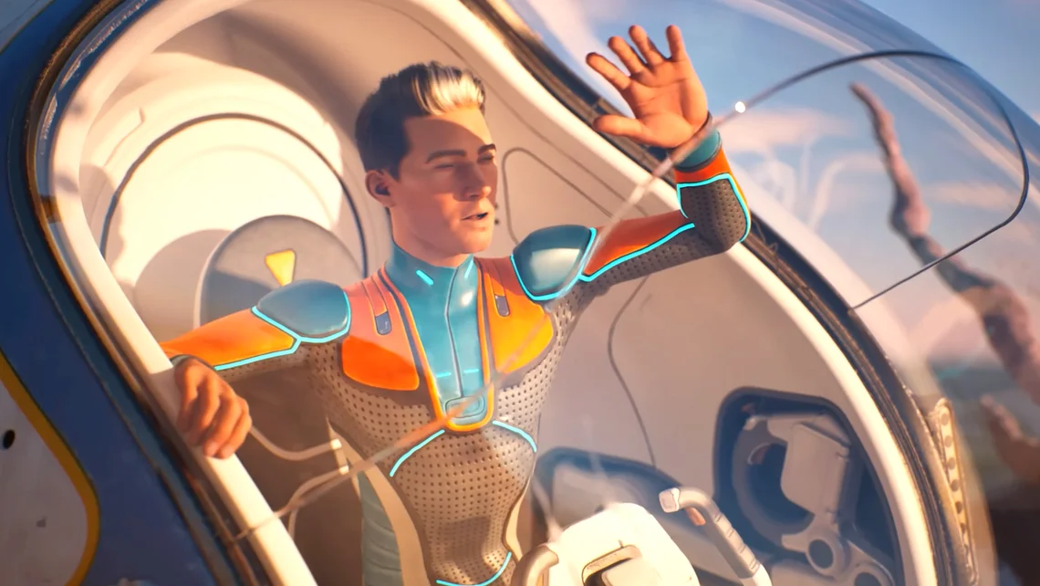 Character in a futuristic diving suit stepping out of an advanced underwater pod in Subnautica 2, surrounded by a vibrant alien ocean environment.