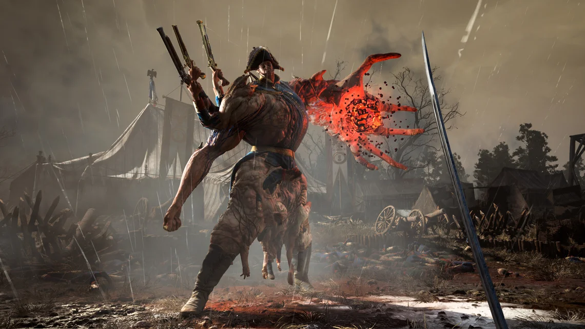 A terrifying enemy wielding pistols and a glowing corrupted arm stalks a rain-soaked battlefield in Valor Mortis, showcasing the game's dark Soulslike action and gothic atmosphere.