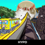 A colourful train speeds along elevated tracks in Denshattack! while a giant baseball crashes through the environment during an action-packed gameplay sequence.