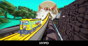 A colourful train speeds along elevated tracks in Denshattack! while a giant baseball crashes through the environment during an action-packed gameplay sequence.