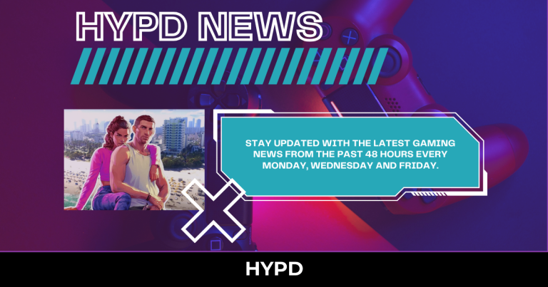 HYPD News gaming graphic highlighting the latest gaming news from the past 48 hours, featuring GTA 6, EA in-game advertising, PlayStation Plus July games and Modern Warfare 4 updates.