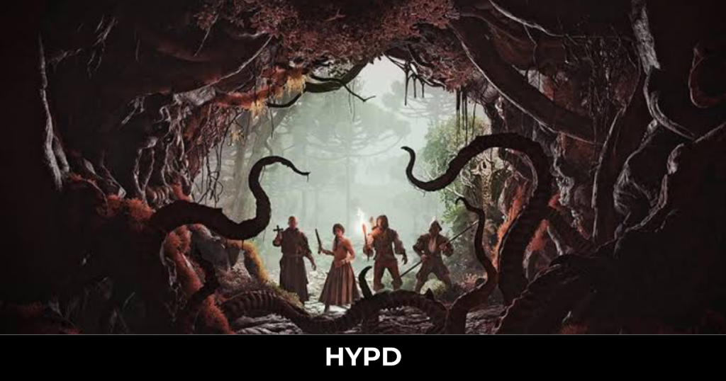 Four explorers stand at the entrance of a sinister cave surrounded by twisted tentacles in The Mound: Omen of Cthulhu, highlighting the game's Lovecraftian co-op horror atmosphere.