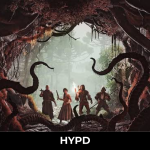 Four explorers stand at the entrance of a sinister cave surrounded by twisted tentacles in The Mound: Omen of Cthulhu, highlighting the game's Lovecraftian co-op horror atmosphere.