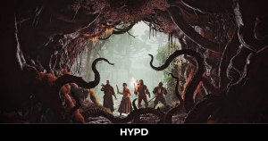Four explorers stand at the entrance of a sinister cave surrounded by twisted tentacles in The Mound: Omen of Cthulhu, highlighting the game's Lovecraftian co-op horror atmosphere.
