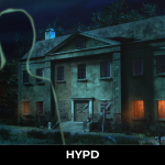 A dark and atmospheric view of the eerie Galley House at night, with boarded windows and a mysterious ghostly figure, from The Incident at Galley House.