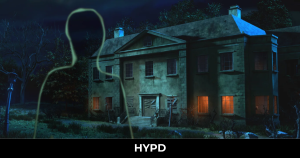 A dark and atmospheric view of the eerie Galley House at night, with boarded windows and a mysterious ghostly figure, from The Incident at Galley House.