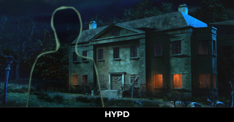 A dark and atmospheric view of the eerie Galley House at night, with boarded windows and a mysterious ghostly figure, from The Incident at Galley House.