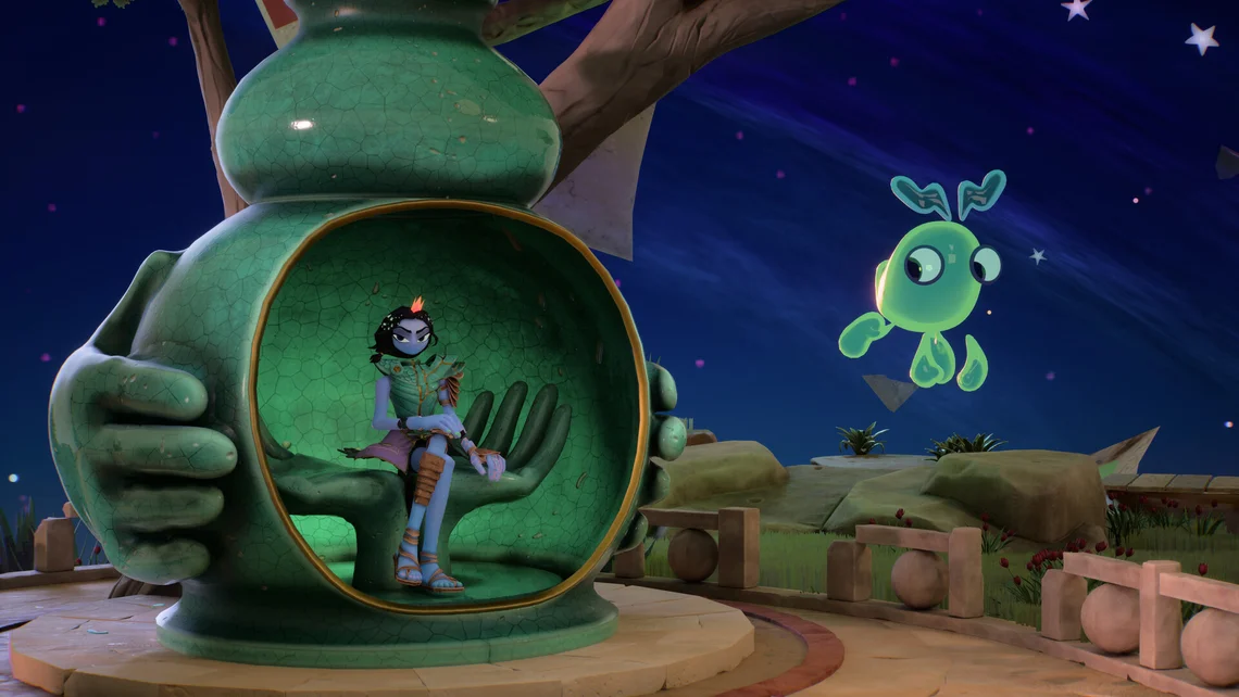 Screenshot from Big Walk showing a colourful fantasy environment with a seated character and glowing companion, one of the PlayStation Plus monthly games for August.