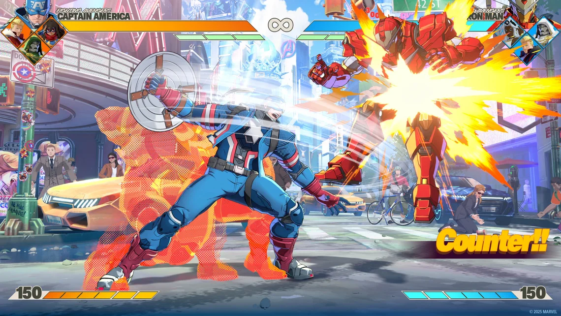 Gameplay screenshot from Marvel Tōkon: Fighting Souls featuring Captain America battling Iron Man during the PC beta.