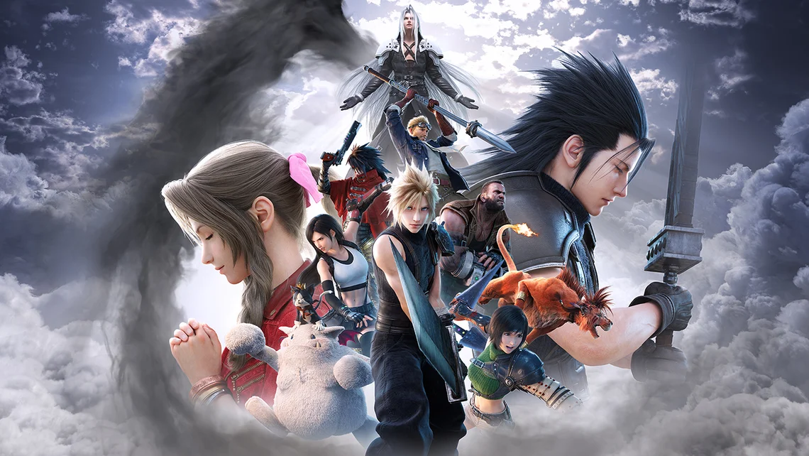 Promotional artwork for Final Fantasy VII Revelation featuring Cloud, Zack, Aerith, Sephiroth and other key characters, highlighting rumours of post-launch story expansion DLC.