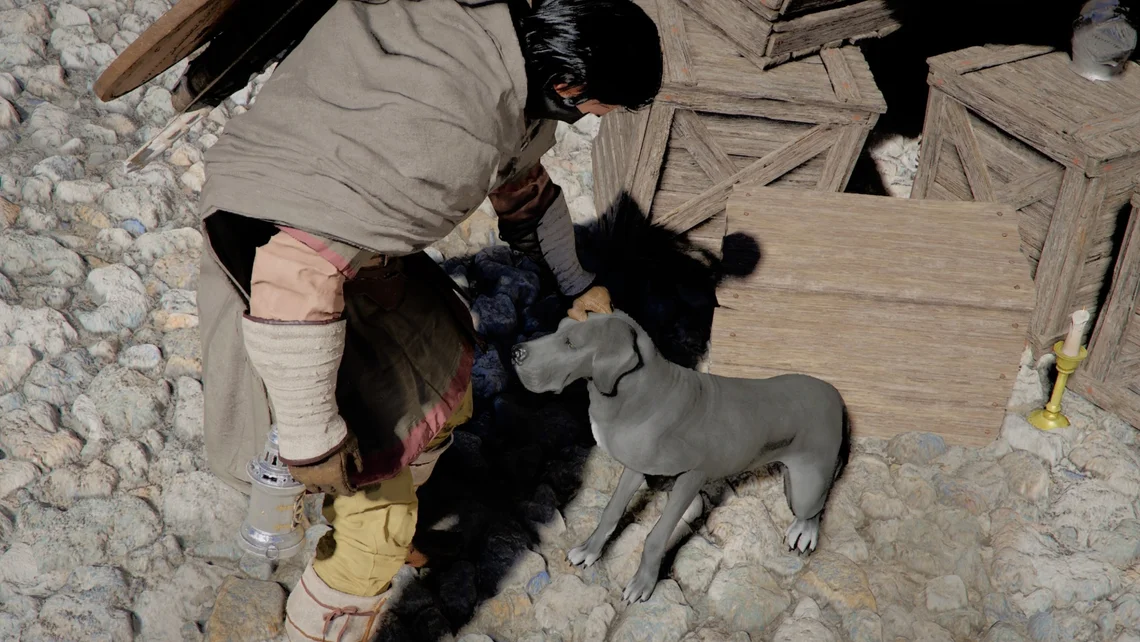 A player interacts with a dog companion in Crimson Desert following Update 1.13.00, showcasing new gameplay features, pets and quality-of-life improvements.