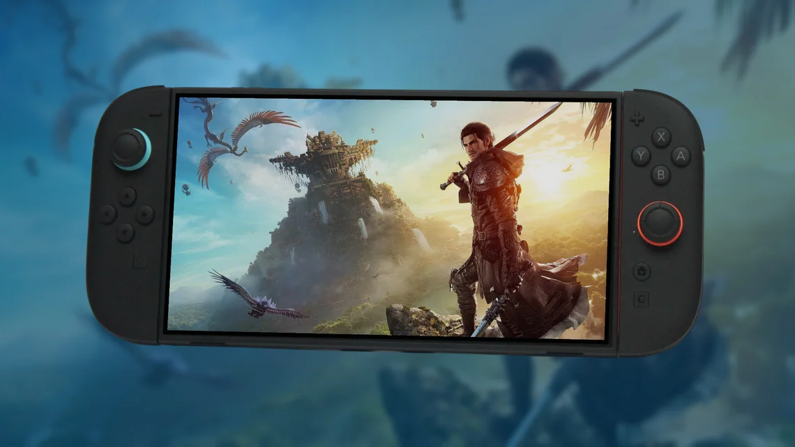 Nintendo Switch 2 displaying Final Fantasy XIV, highlighting the MMORPG's upcoming release and large download size.