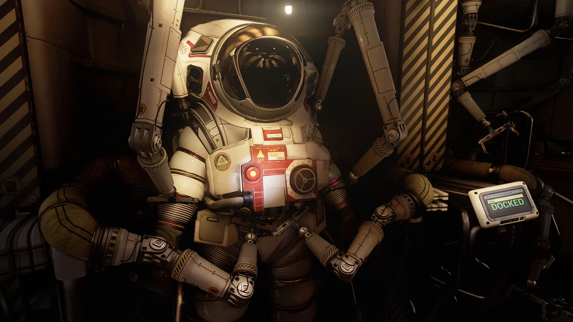 Screenshot from Ontos showing a futuristic spacesuit inside a spacecraft, illustrating the game's delay to 2027 as the developers focus on delivering their ambitious vision.