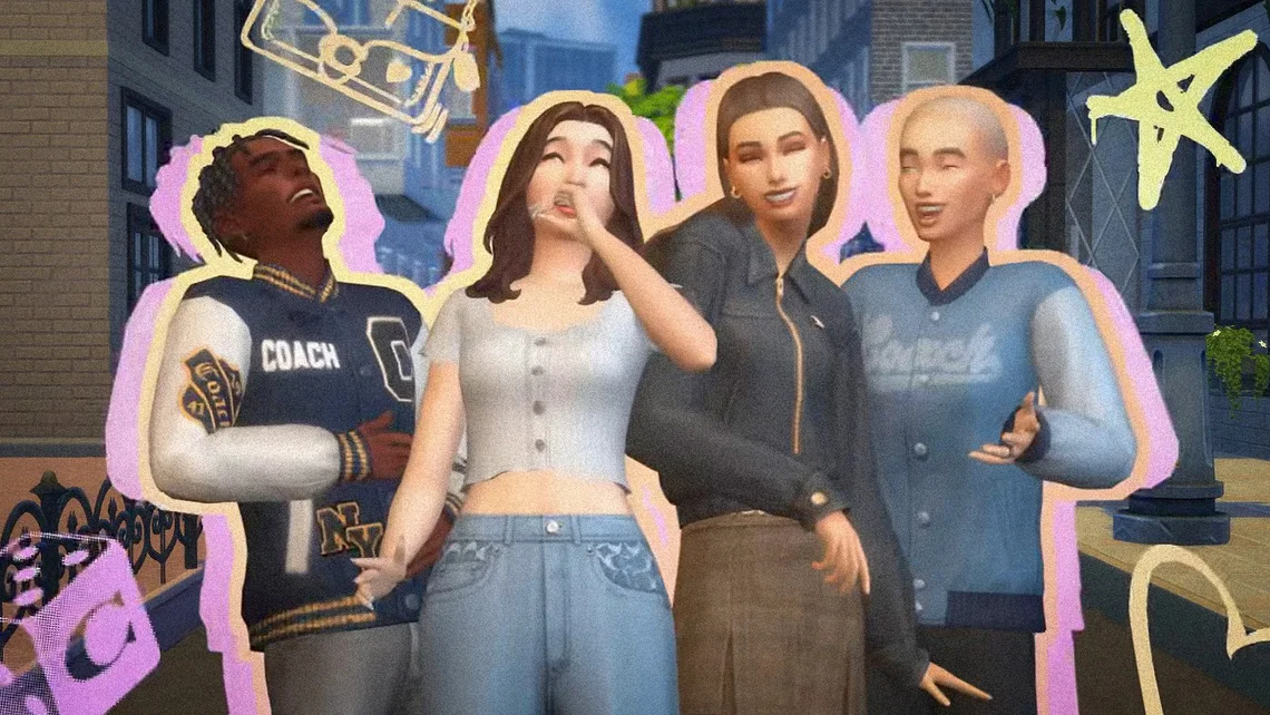 Promotional artwork for The Sims showcasing the new Coach collaboration, featuring Sims characters wearing Coach-inspired fashion and accessories.