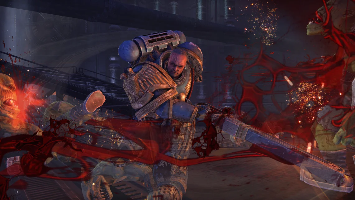 Action screenshot from Warhammer 40,000: Space Marine Master Crafted Edition showing Captain Titus in combat, highlighting reports that the remaster could launch on PlayStation 5 and Nintendo Switch 2.