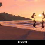Two Big Walk characters standing on a beach at sunset, highlighting the game's cooperative adventure, exploration and relaxing atmosphere.