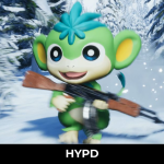 Palworld review image showing a colourful Pal carrying a weapon while running through a snowy landscape.