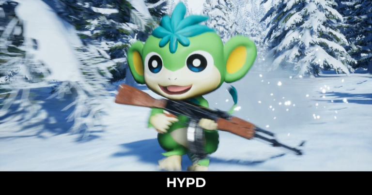 Palworld review image showing a colourful Pal carrying a weapon while running through a snowy landscape.