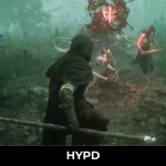 The Relic: First Guardian gameplay showing the First Guardian facing supernatural enemies in a dark forest battle.