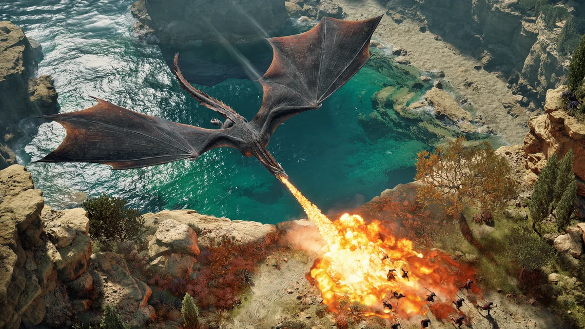 Dragon breathing fire over a battlefield in Game of Thrones: War for Westeros gameplay.