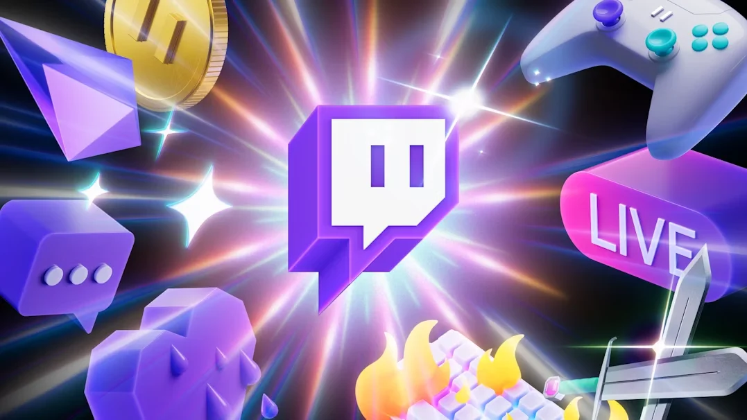 Twitch logo surrounded by gaming and livestreaming graphics as the platform faces a lawsuit over streamer content allegedly used for AI training.