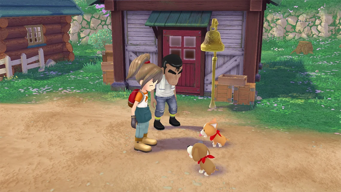 Gameplay screenshot from the cancelled Story of Seasons mobile game showing characters interacting with farm animals outside a countryside farmhouse.