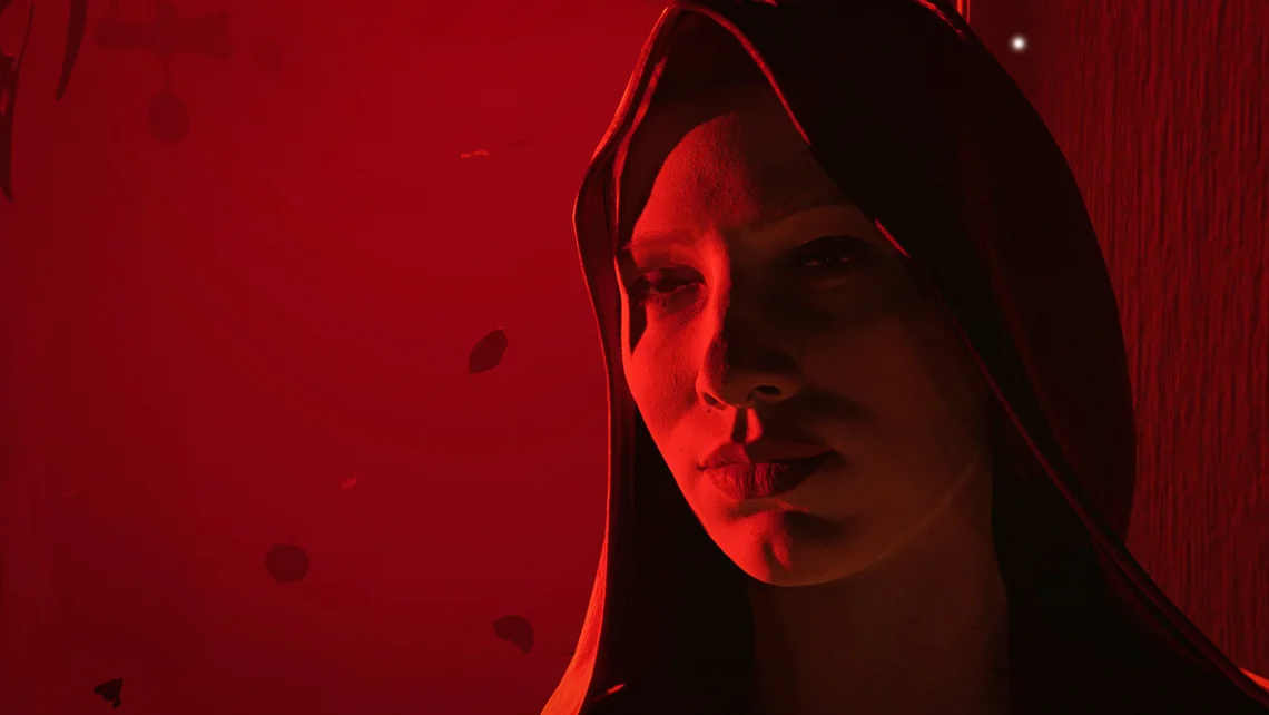 Hooded character illuminated by red light in the dark action game 1666: Amsterdam.