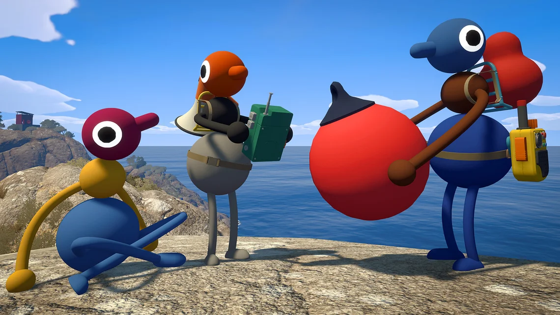 Colourful characters exploring a coastal landscape together in the multiplayer adventure game Big Walk.
