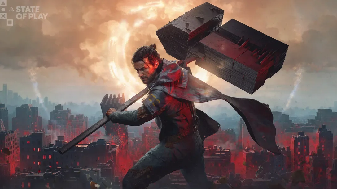 Official artwork for Control Resonant featuring a character carrying a massive hammer across a ruined city, showcasing Remedy Entertainment's upcoming cooperative action game.