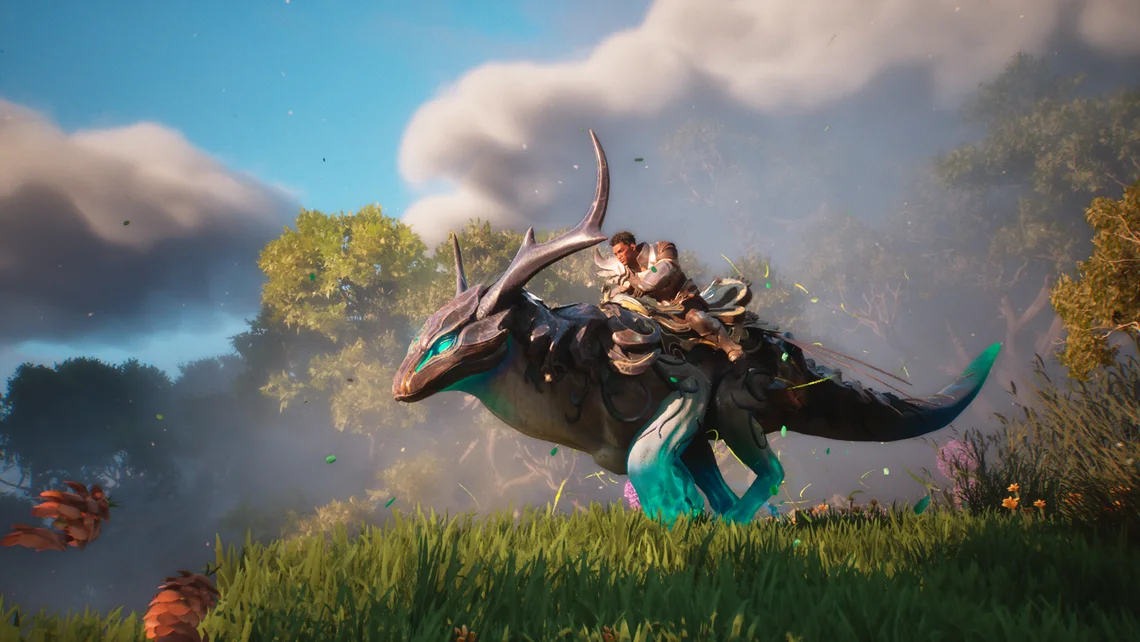 A player rides a glowing fantasy mount through a lush forest in Guild Wars 3, highlighting the game's vibrant open-world environment.