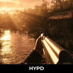 Hell Let Loose: Vietnam gameplay showing first-person combat beside a riverside village at sunset.