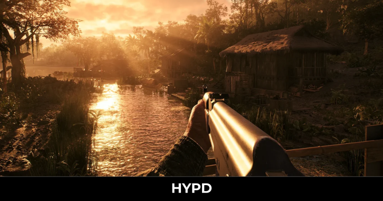 Hell Let Loose: Vietnam gameplay showing first-person combat beside a riverside village at sunset.