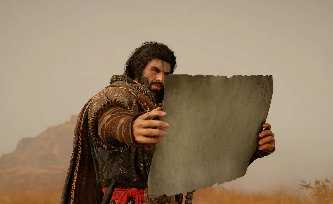 Crimson Desert character holding a map in the Charting the Unknown DLC reveal