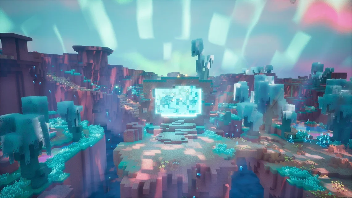 Minecraft’s new dimension The Sift featuring a colourful landscape and glowing portal
