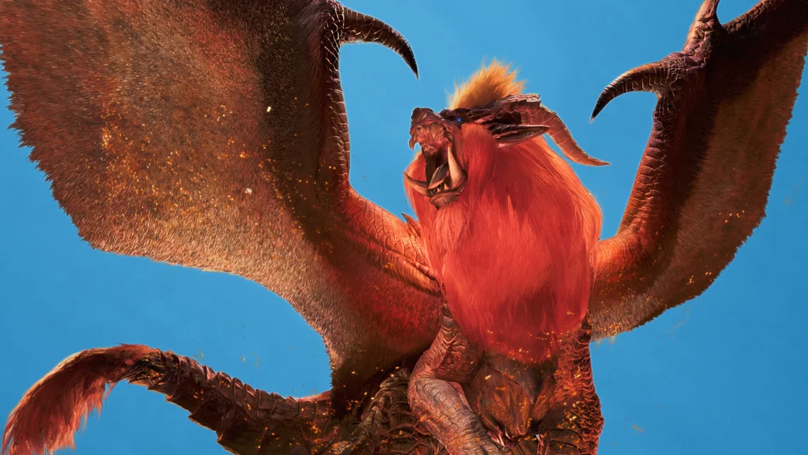 Teostra spreading its wings in Monster Hunter Wilds: Ascendance