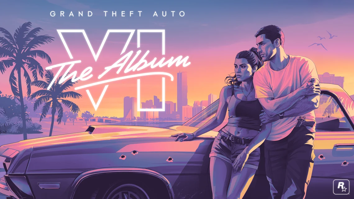 Grand Theft Auto 6 original soundtrack album artwork featuring Jason and Lucia in Vice City