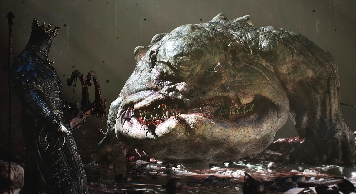 Mortal Shell 2 gameplay featuring a warrior facing a huge creature following the game’s first major update