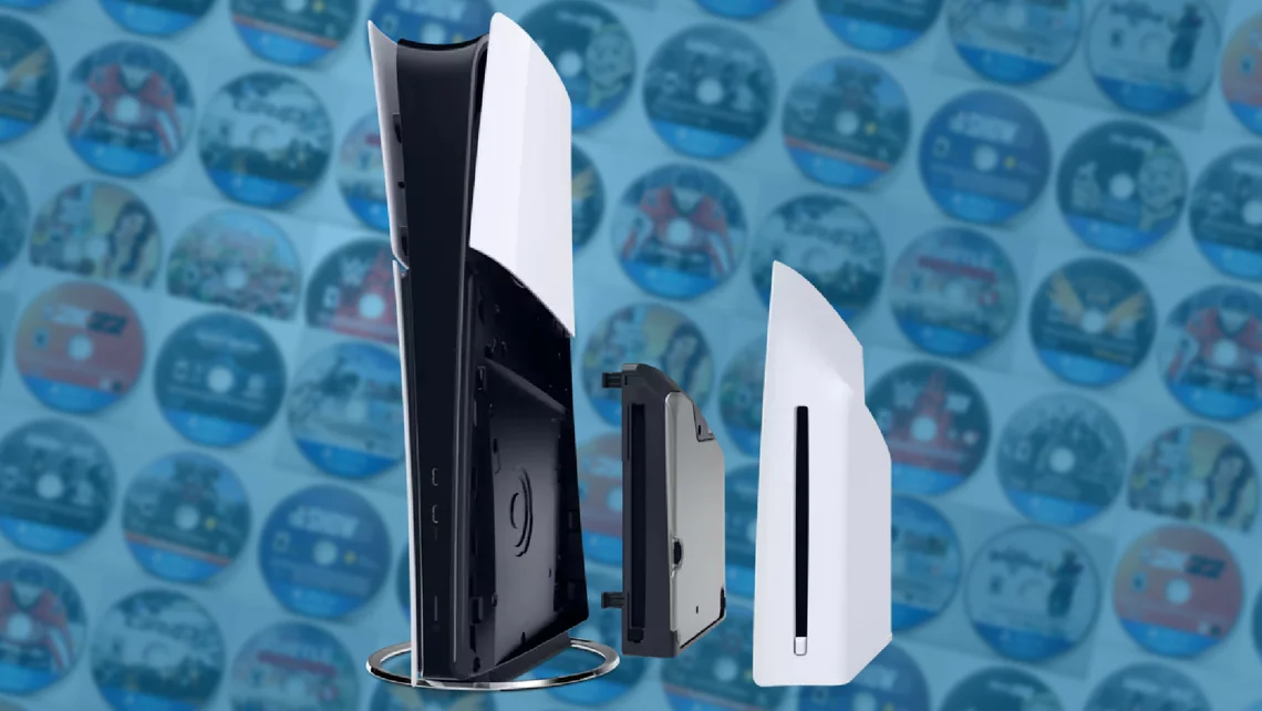 PlayStation 5 consoles and disc drive illustrating Sony's clarification over future PlayStation disc production