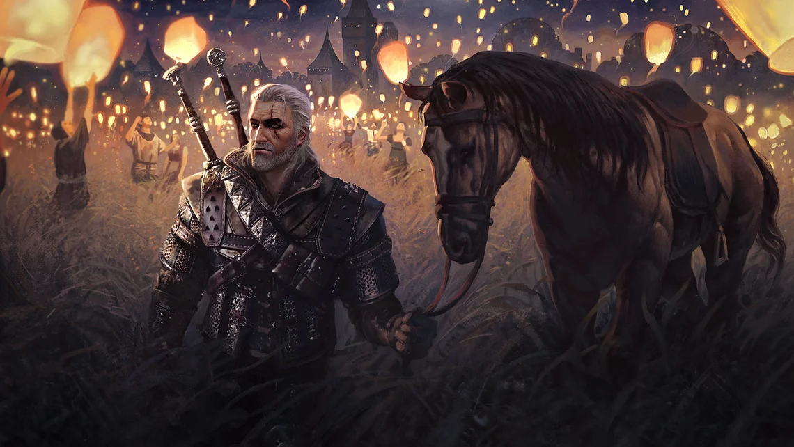Geralt of Rivia standing beside Roach in The Witcher 3 as the game reaches a new Steam player record