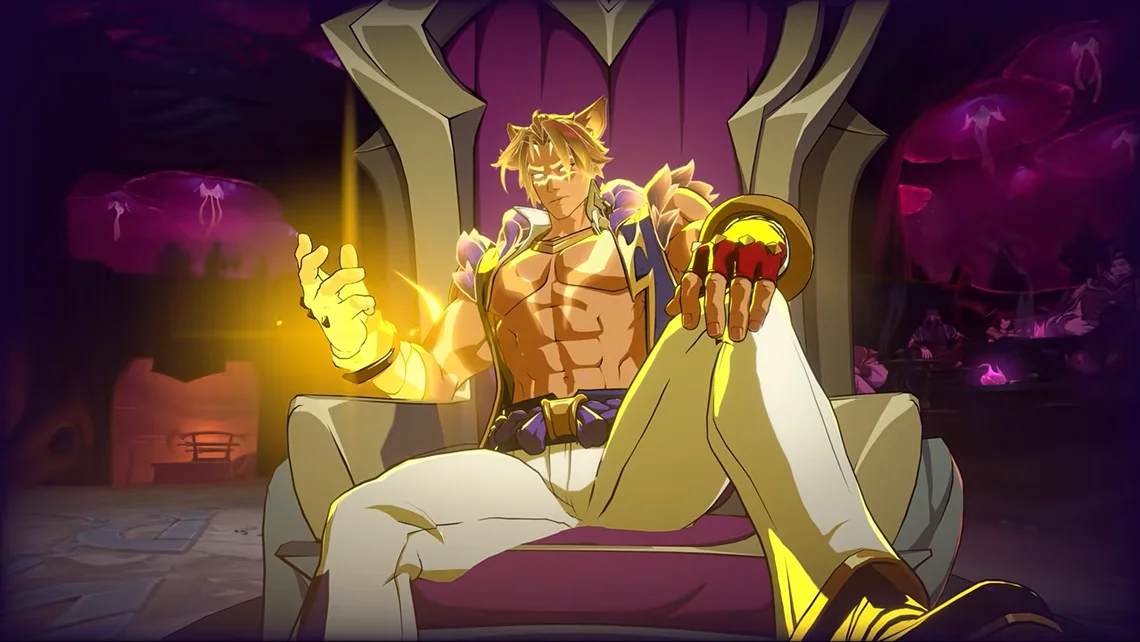 League of Legends champion Sett sitting on a throne in 2XKO, following Riot Games' announcement of the character joining its fighting game.
