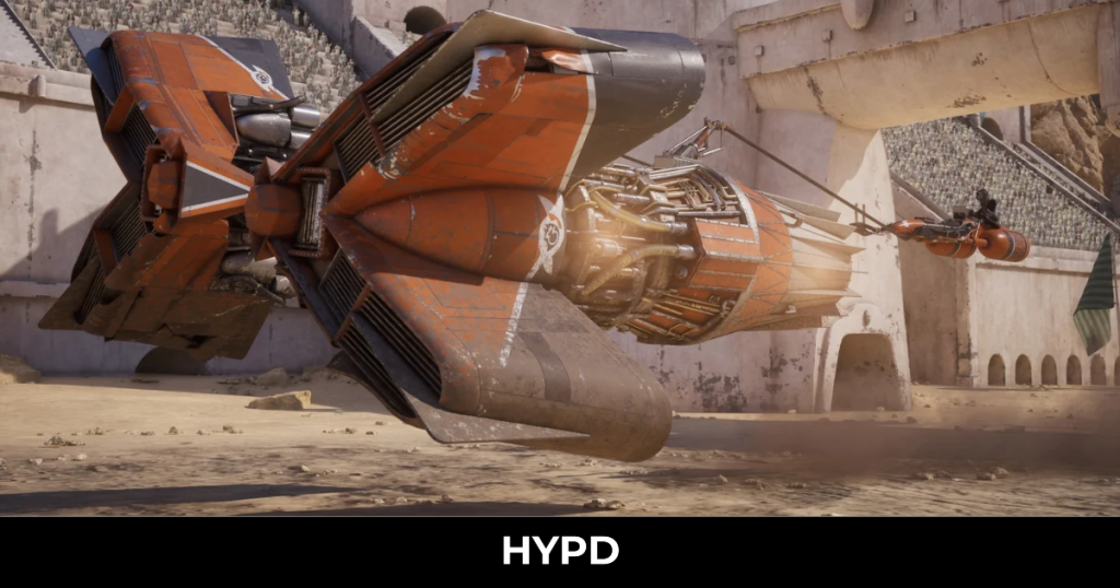 Orange futuristic podracer speeding through a desert racing arena in Star Wars Galactic Racer, showcasing high-speed gameplay and detailed vehicle design.