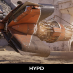 Orange futuristic podracer speeding through a desert racing arena in Star Wars Galactic Racer, showcasing high-speed gameplay and detailed vehicle design.