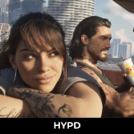 GTA 6 protagonists Jason and Lucia driving through Vice City in an open-top car, showcasing Rockstar Games' detailed open world and expansive Leonida map.